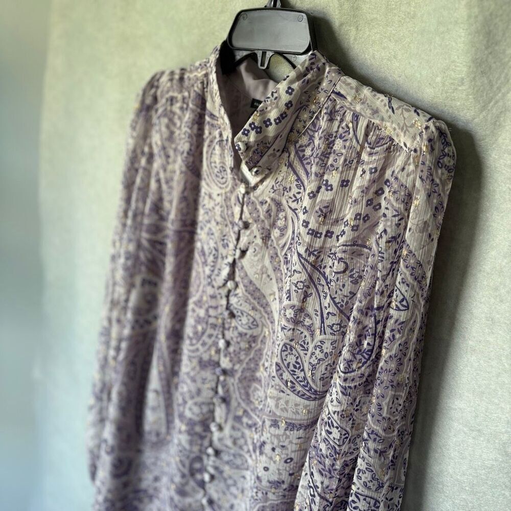 NEW Ann Taylor Purple Paisley Metallic Gold Button Down Tie Blouse Size L Boho - Picture 4 of 7